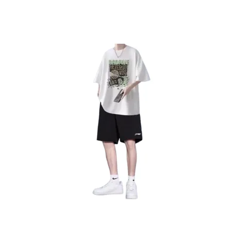 LINING Casual Sportswear Unisex Set White Doodle Short Sleeve T-shirt + Black Shorts