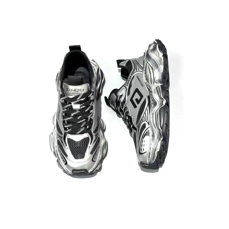Devanro Slip Resistant Breathable Supportive Lightweight Height Increasing Low Top Chunky Sneakers Men's Silver White-7