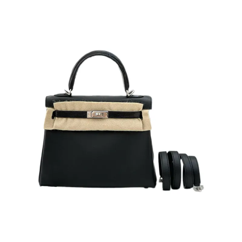 HERMES Kelly Lizard Skin With Swift Leather Kelly Bag One Shoulder Handbags Women's Black-1