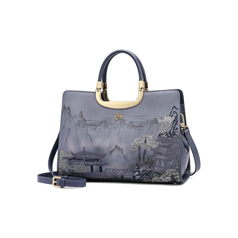 Ancient Yi Xi Cow Leather Commute Shoulder Bag, Crossbody Bag, Handbag Women's Dark Blue-1