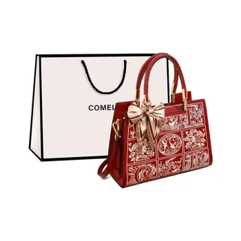 COMELY Cow Leather Handbag Mom Bag Silk Scarf Bride Bag Wedding Bag Medium Size Women's Burgundy
