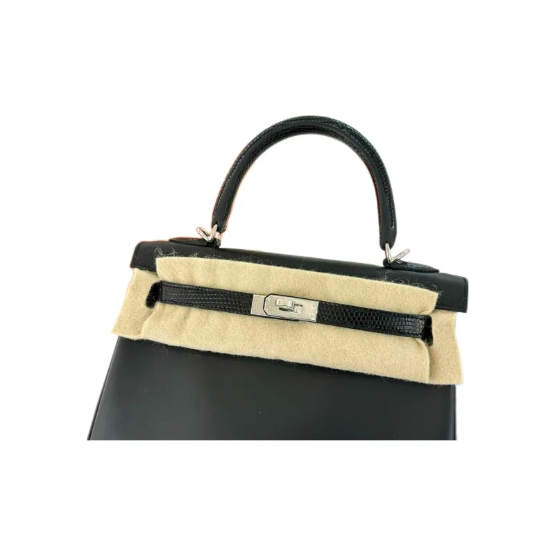 HERMES Kelly Lizard Skin With Swift Leather Kelly Bag One Shoulder Handbags Women's Black-2
