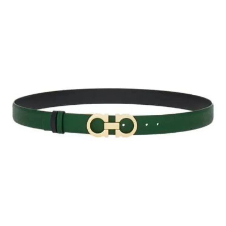 FERRAGAMO Double Sided Decoration, Smooth Buckle Calfskin Leather Belts Women's Green Width 2.5cm-0