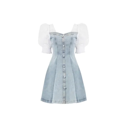 DPLAY Short-Sleeved Dresses Women's Square Collar Denim Dresses & Skirts