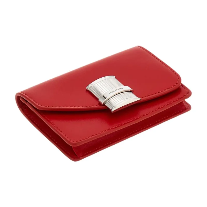 FERRAGAMO Palmellato Calfskin Card Holder Trumpets Women's Flame Red-2
