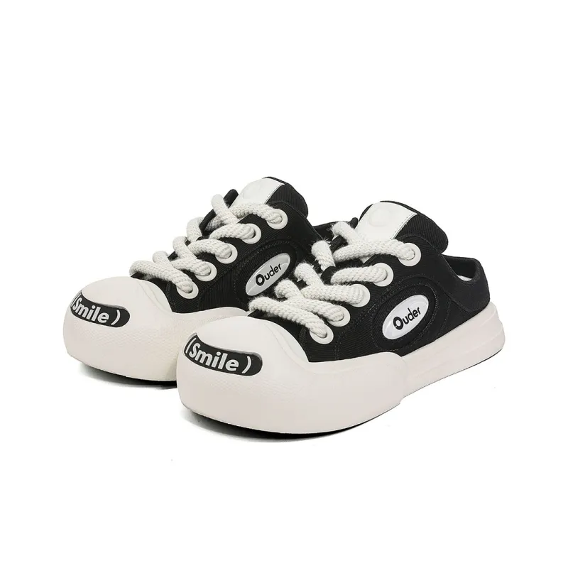 Ouder Smiler Laughs Series Anti Slip Wear Resistant Canvas Shoes Women's Black White-2