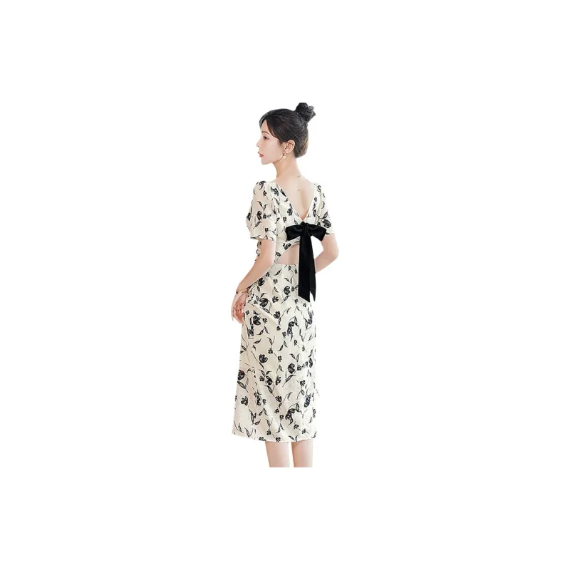 Cypress House Short-Sleeved Dresses Women's Beige Base With Black Flowers-1