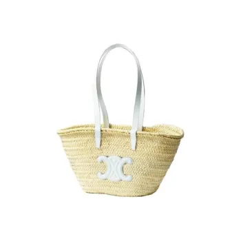 CELINE Raffia With Calfskin Tote Bag Shopping Bag Shoulder Bags Handbags Medium Size Women's White