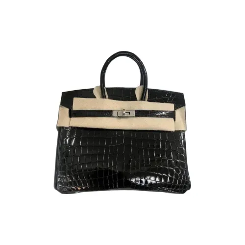 hermes brioni Cotton Porosus Crocodile Leather Handbag Women's 89 Noir Black