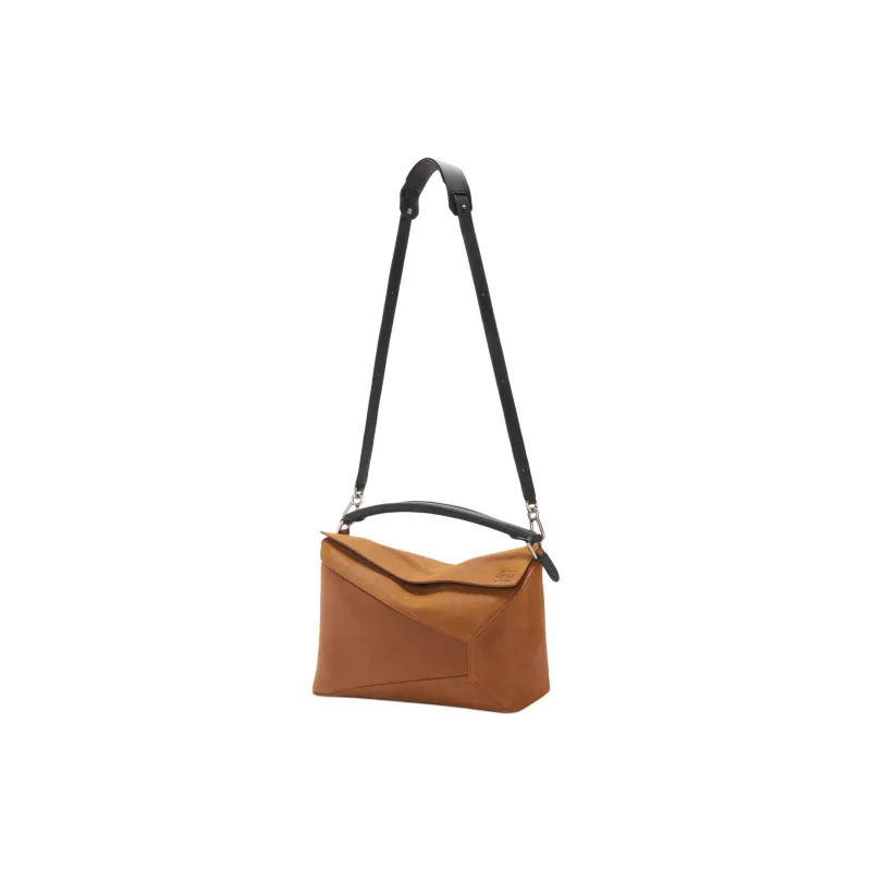 LOEWE Puzzle Pressed Suede Handbag Portable Crossbody Bag Shoulder Bag Large Size Men's Cognac-4