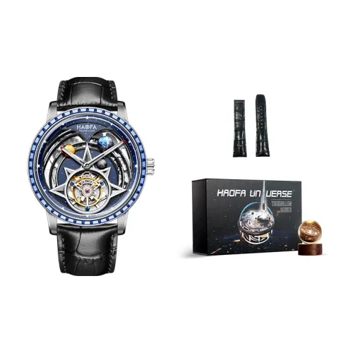 HaofaTourbillon Automatic Mechanical Movement Genuine Leather Strap Watch Men's Watches Blue Dial