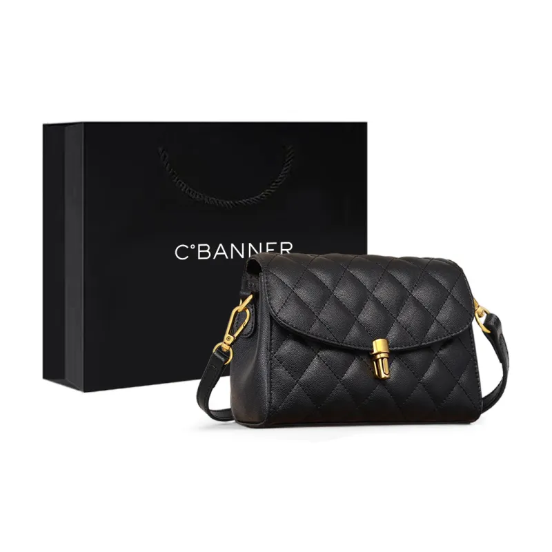 C°BANNER Split Cow Leather With Synthetic Leather Small Square Bag, Crossbody Bag Women's Black/White-0