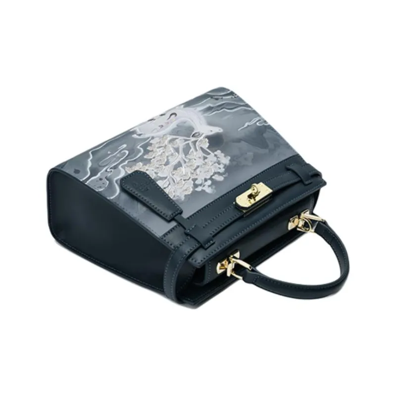 Ancient Yi Xi Cow Leather Niche Design Handbag, Shoulder Bag, Crossbody Bag Women's Dark Cyan-3