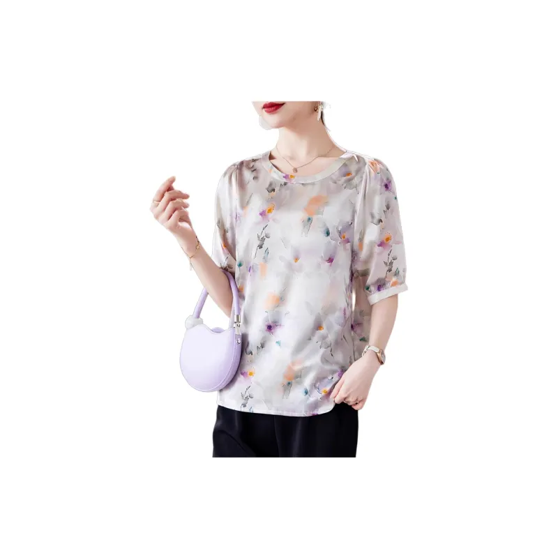 Yi Mengyuan Silk T shirt Women's Purple Flower Color-1