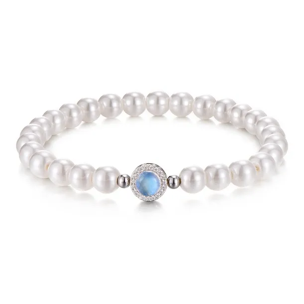Trpopo S925 Silver Shell Pearl Beaded Bracelet With Elastic String Women's-0