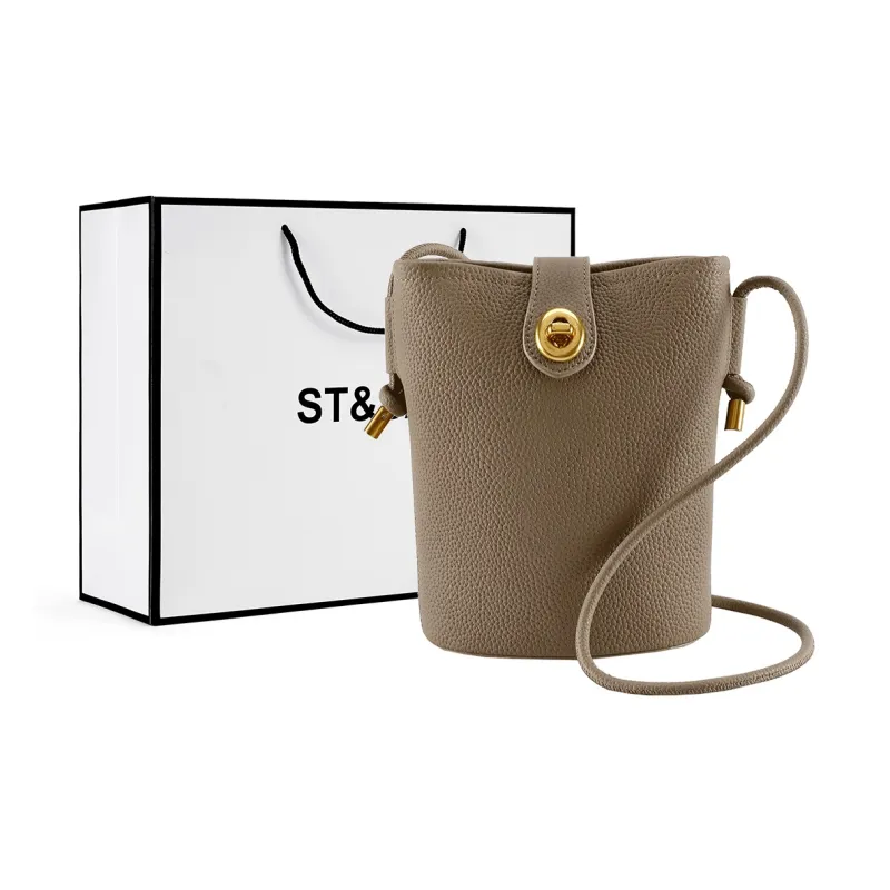 ST&SAT Cow Leather Bucket Bag With Cell Phone Pouch Crossbody Bag Shoulder Bag Regular Women's Khaki/Apricot/Ecru/Black-5