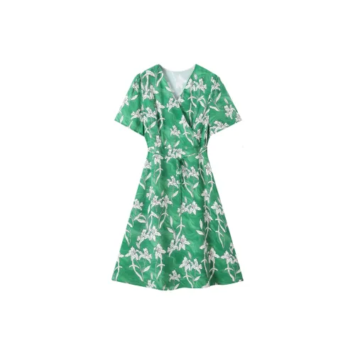 H-YXIANG Short-Sleeved Dresses Women's Green Wave Lily