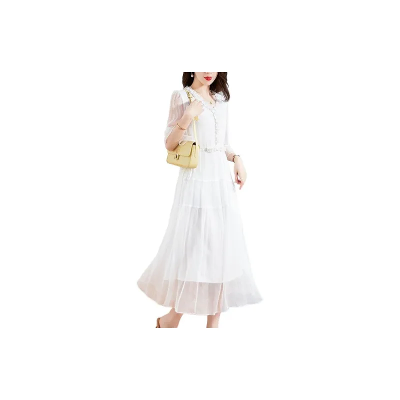 Yi Mengyuan Silk Short Sleeved Dress Women's White-2