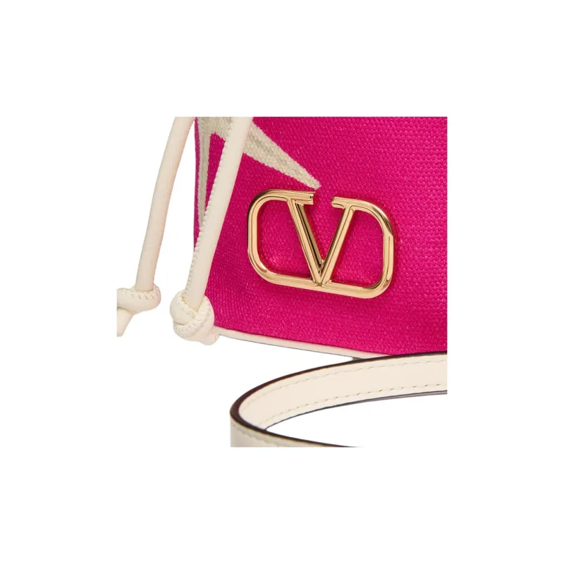 Valentino GARAVANI Canvas Bag, Bucket Bag, Handbag, Shoulder Bag, Crossbody Bag Women's Ivory White & Pink-4