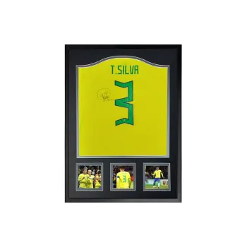 Three For Thiago Silva 2022 Brazil, Autographed Soccer Apparel Jersey, Framed With Certificate