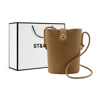 ST&SAT Cow Leather Bucket Bag With Cell Phone Pouch Crossbody Bag Shoulder Bag Regular Women's Khaki/Apricot/Ecru/Black