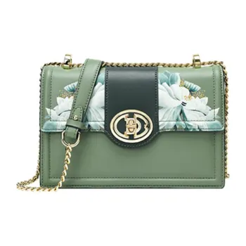 Ancient Yi Xi Cow Leather Chinoiserie Print Craft Chain Bag, Shoulder Bag, Crossbody Bag Women's Celadon