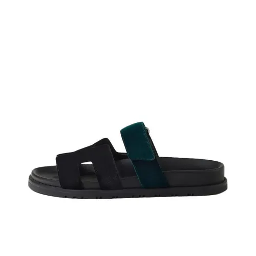 HERMES Rubber Sole Slip Resistant Abrasion Resistant Slide Slippers Women's Black