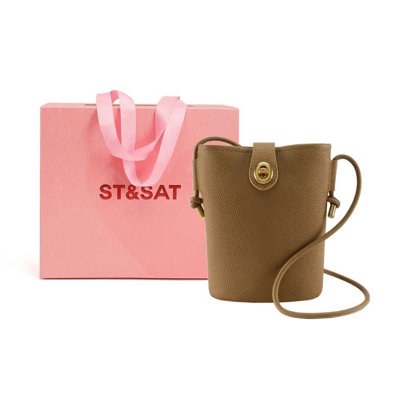 ST&SAT Cow Leather Bucket Bag With Cell Phone Pouch Crossbody Bag Shoulder Bag Regular Women's Khaki/Apricot/Ecru/Black-1