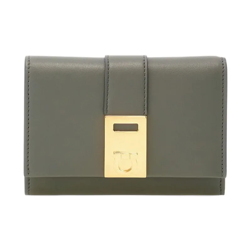 FERRAGAMO Cow Leather Wallet Trumpets Women's Gray White-0