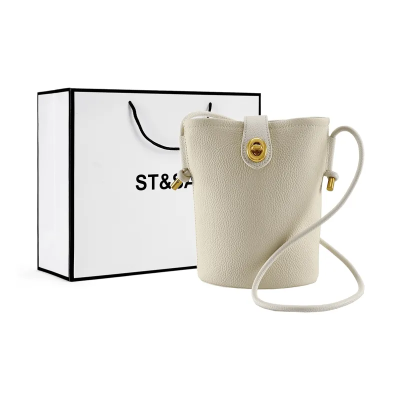 ST&SAT Cow Leather Bucket Bag With Cell Phone Pouch Crossbody Bag Shoulder Bag Regular Women's Khaki/Apricot/Ecru/Black-9
