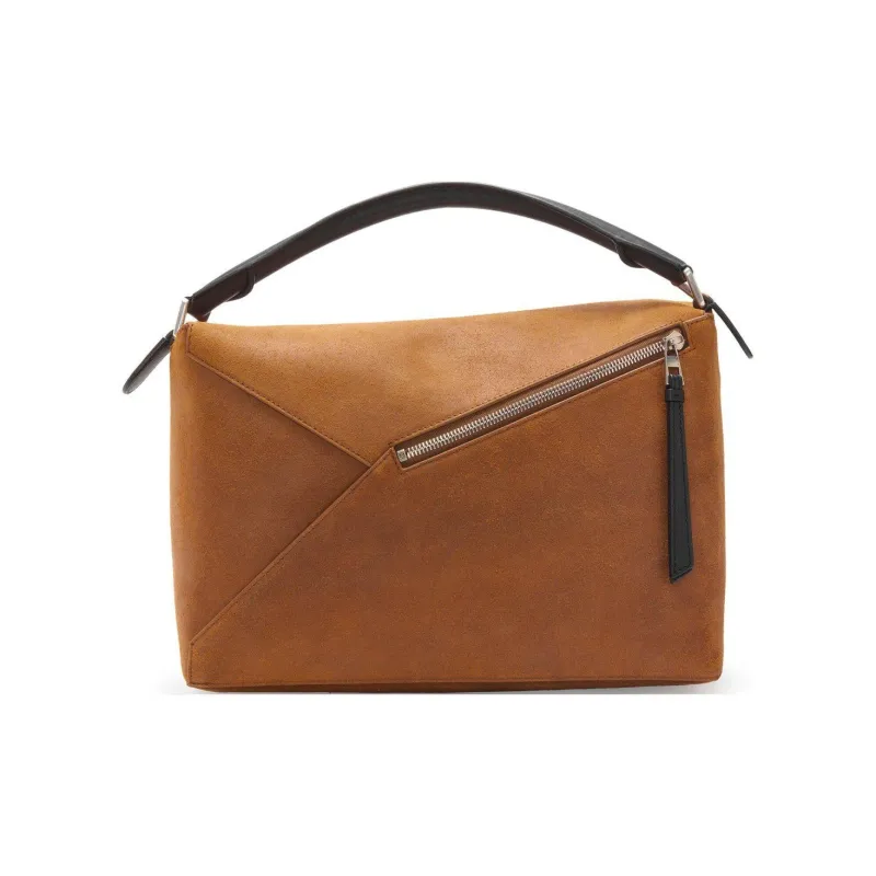 LOEWE Puzzle Pressed Suede Handbag Portable Crossbody Bag Shoulder Bag Large Size Men's Cognac-3