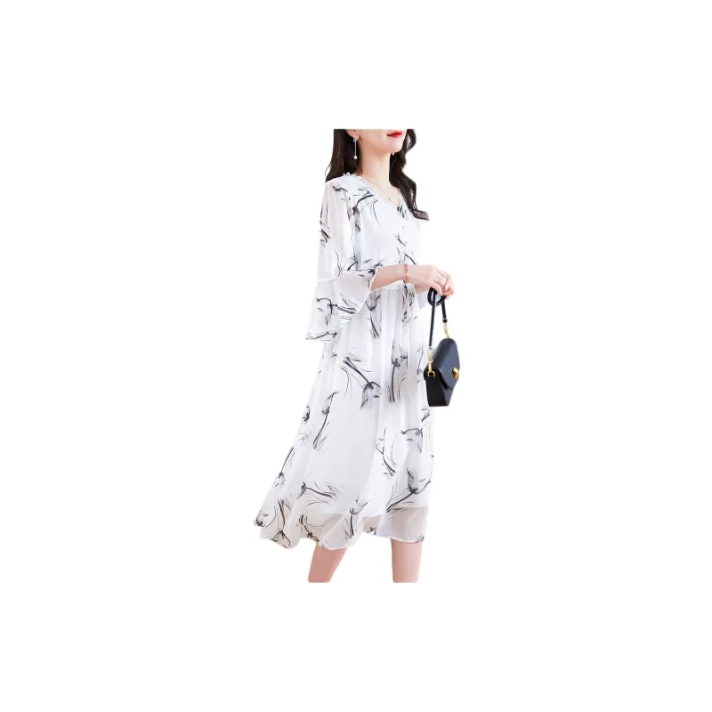 Yi Mengyuan Lace Up Silk Short Sleeved Dress Women's Multicolor-2