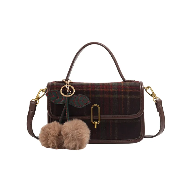 DALO PU With Woolen Shoulder Bag, Crossbody Bag, Handbag Women's Burgundy/Khaki-0