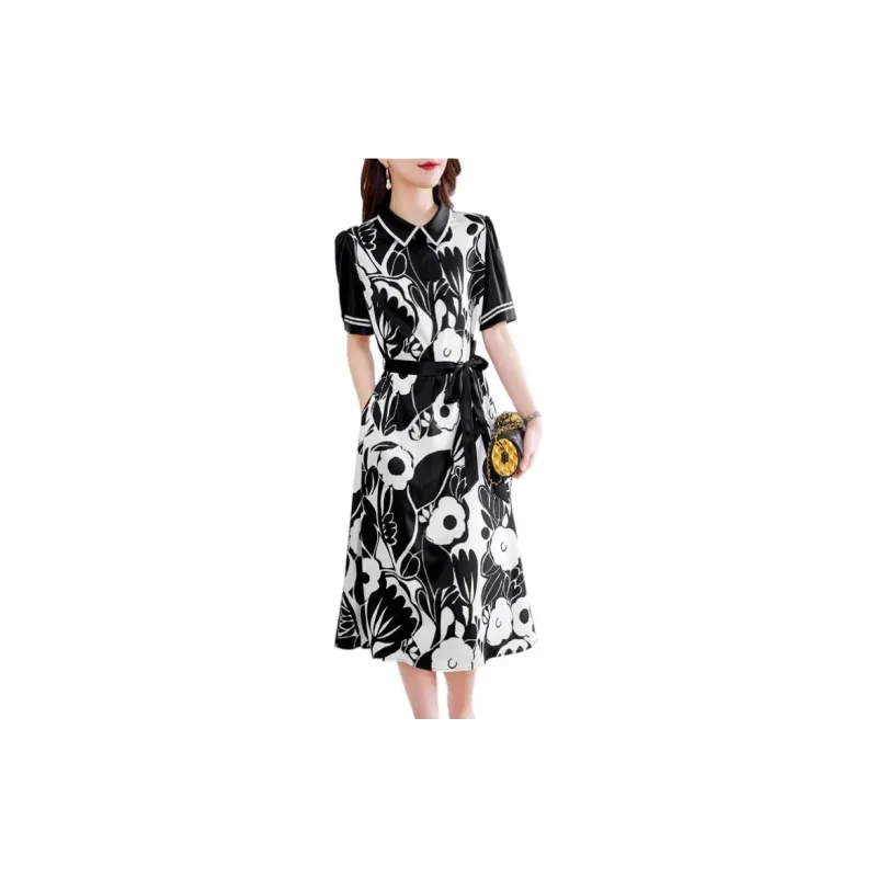 Yi Mengyuan Lace Up Silk Short Sleeved Dress Women's-6