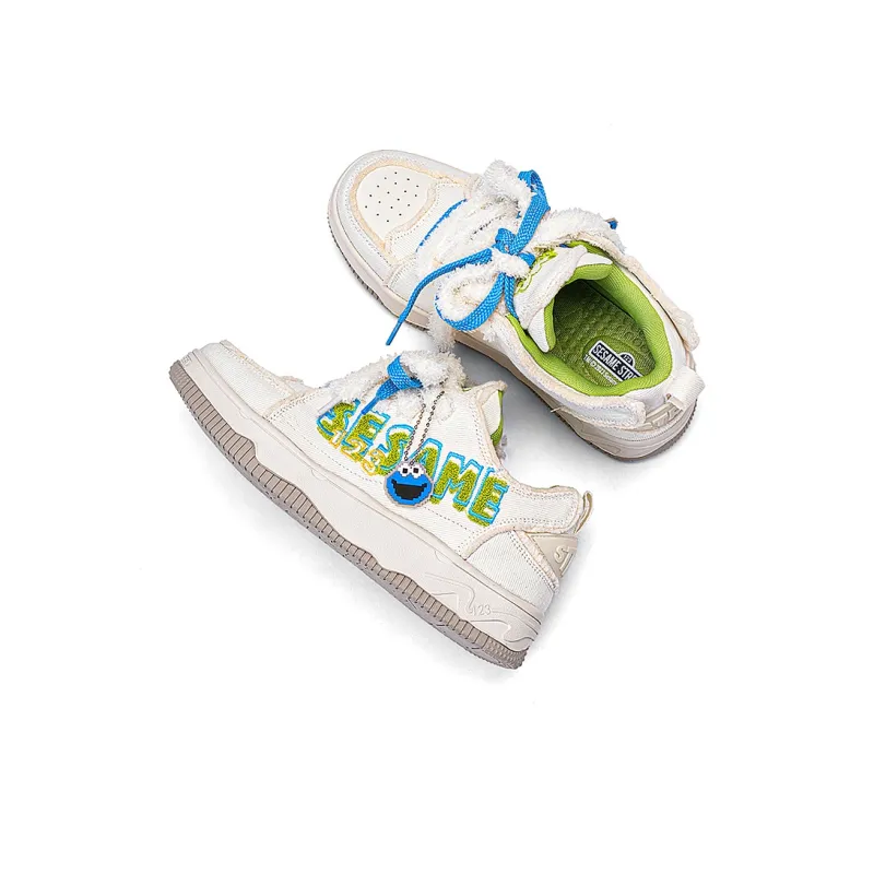 SESAME STREET Canvas Shoes Unisex Low Top Faux Fur Beige/Faux Fur Green/Faux Fur Black-2