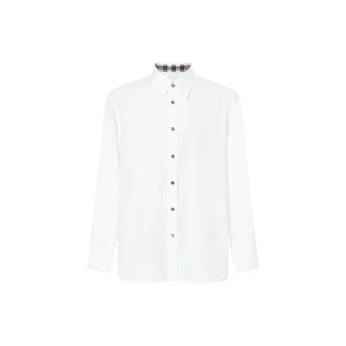 Burberry Men Solid Logo Turn-down Collar Single-breasted Long-sleeve Shirt White