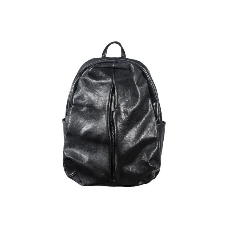 PULUWIRR Cow Leather Large Capacity Business Casual Travel Bag Vintage Laptop Backpack Regular Men's Black-0