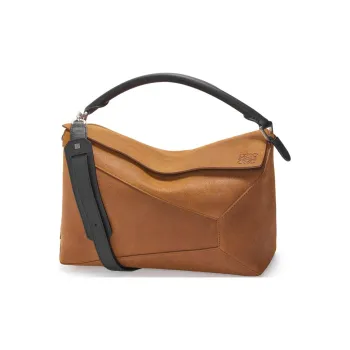 LOEWE Puzzle Pressed Suede Handbag Portable Crossbody Bag Shoulder Bag Large Size Men's Cognac