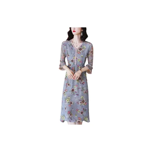 Yi Mengyuan Long-Sleeved Dresses Women's Gray Base With Pink Floral Pattern