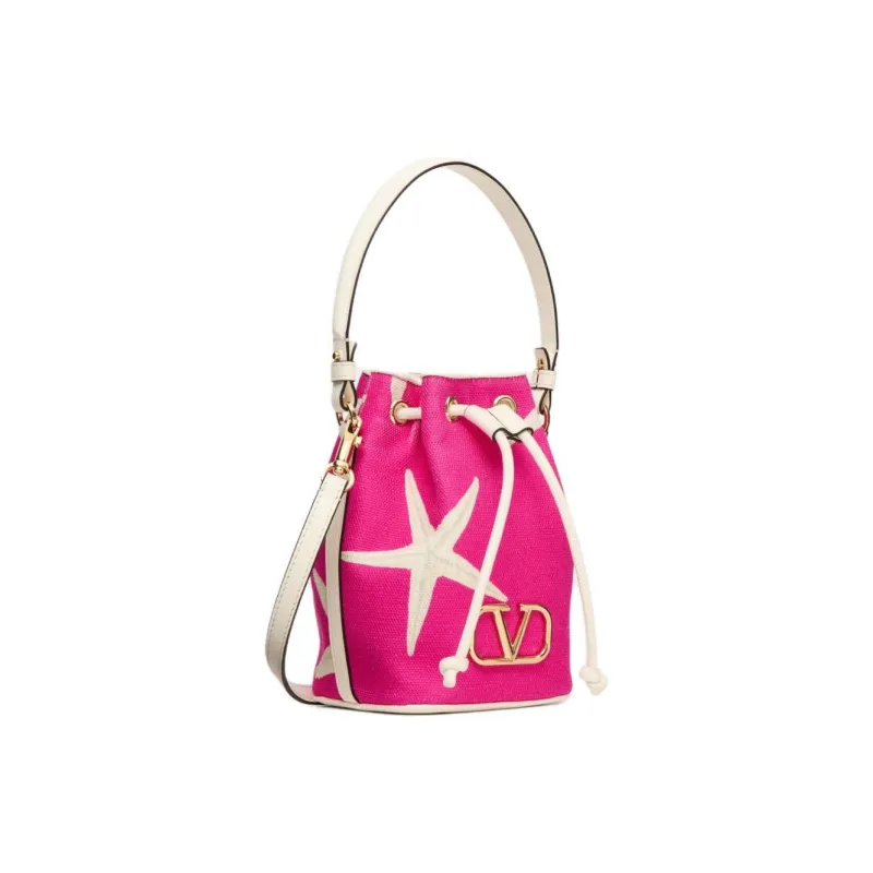 Valentino GARAVANI Canvas Bag, Bucket Bag, Handbag, Shoulder Bag, Crossbody Bag Women's Ivory White & Pink-1