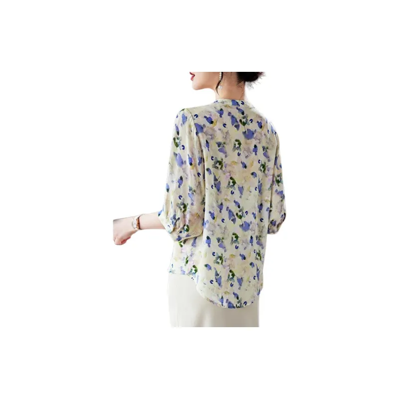 Yi Mengyuan Silk Shirt Women's Purple Green Flowers-1