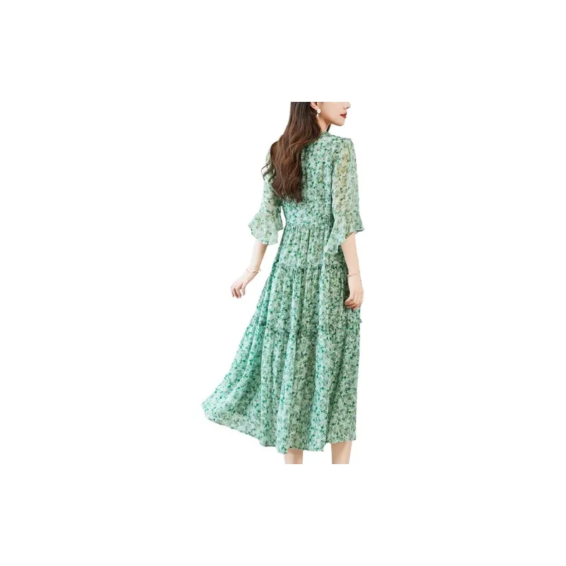 Yi Mengyuan Silk Long Sleeved Dress Women's Green-1