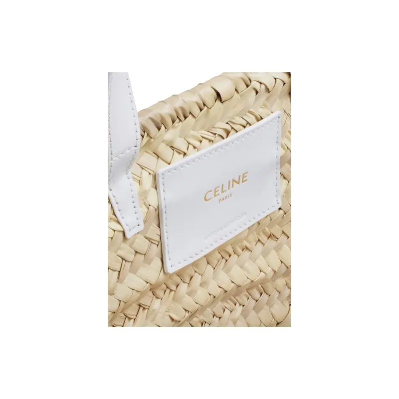 CELINE Raffia With Calfskin Tote Bag Shopping Bag Shoulder Bags Handbags Medium Size Women's White-2