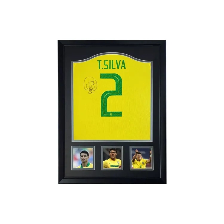 Three For Thiago Silva 2018 Brazil, Autographed Signature, Soccer Apparel Jersey, Includes Certificate, Framed-0