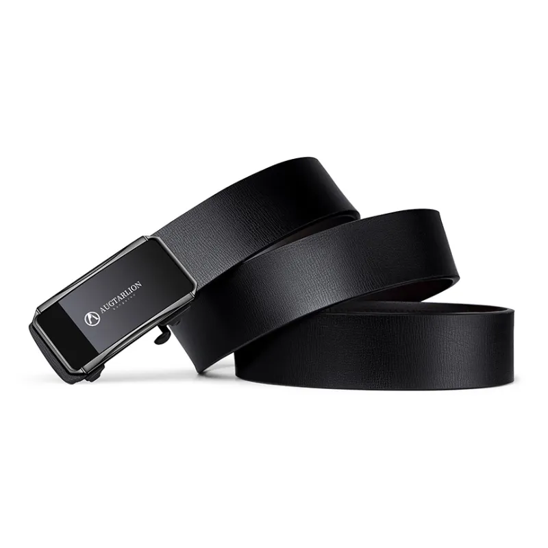 AUGTARLION Business Youth Mirror Finish Smooth Buckle Cow Leather Leather Belts Men's Gunmetal 3.5cm-3