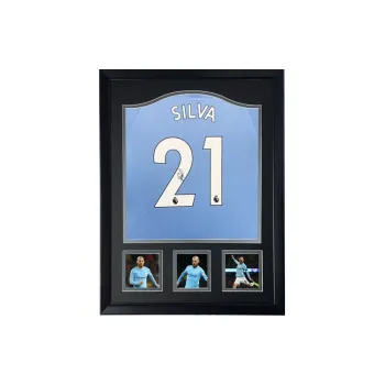 Three For David Silva Manchester City Era Autographed Signature Soccer Apparel Jersey Includes SA Certificate Framed