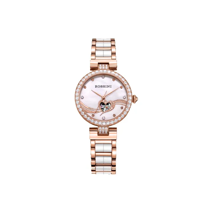 ROSSINI Mechanical Movement Ceramic Strap Watch Women's Watch Pink Watch Dial-4