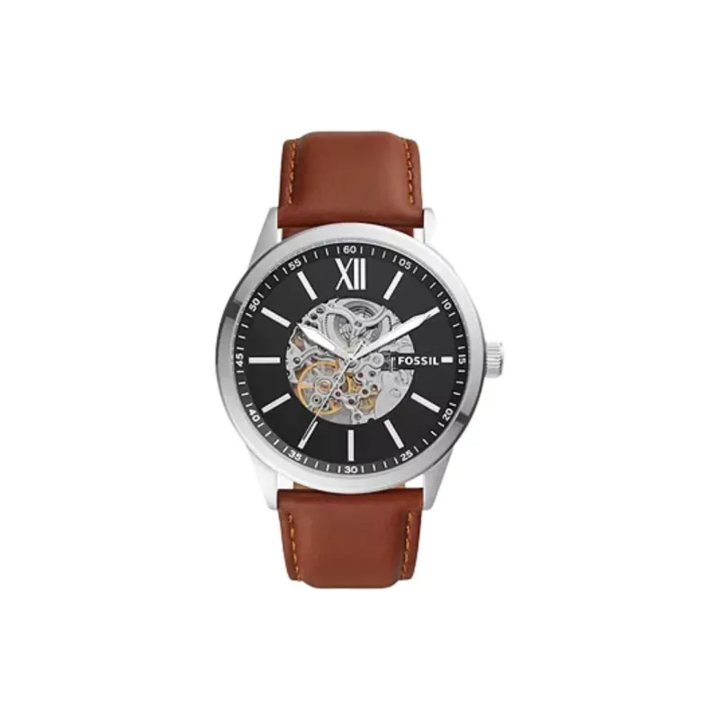 FOSSIL Flynn Collection Wrist Watch Automatic Mechanical Movement Leather Strap 48mm Black Dial Men's Watches-0