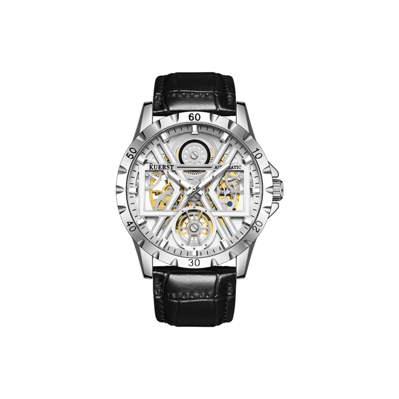 KUERST Automatic Mechanical Movement Genuine Leather Strap Watch Men's Watches White Dial-0
