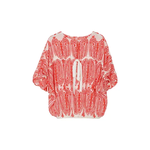 Wbwq Chiffon Shirts Women's Red Floral Pattern